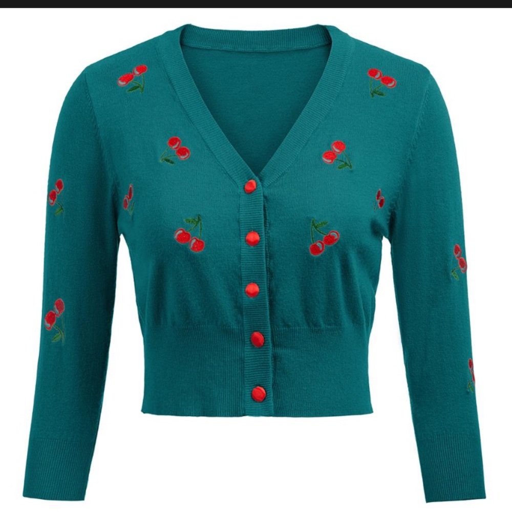 TEAL CHERRY EMBROIDERED 3/4 SLEEVE CARDIGAN